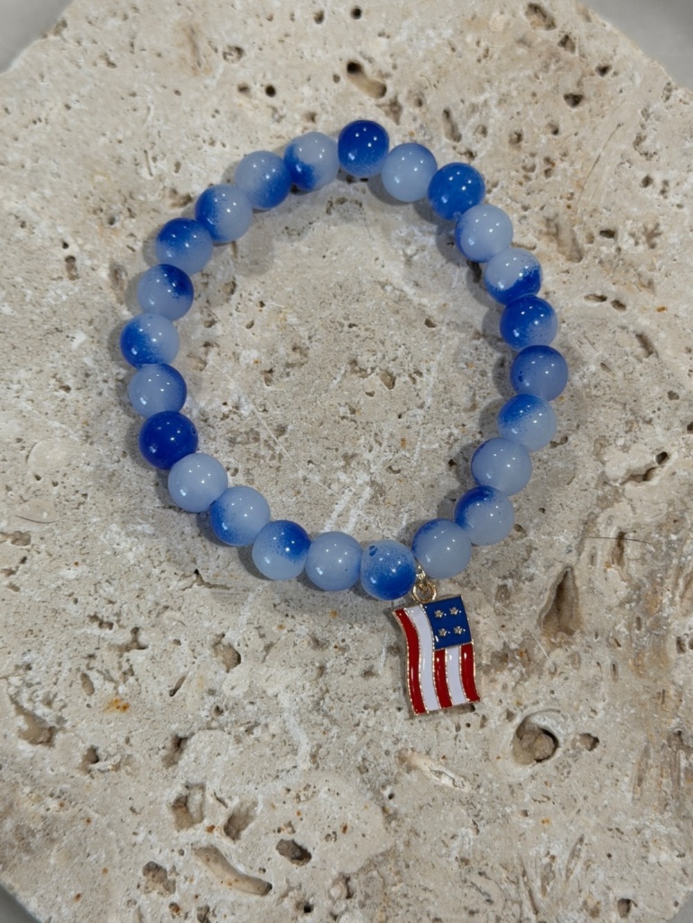 Blue Beaded Bracelet American Flag Charm Patriotic Stretch Bracelet July 4th